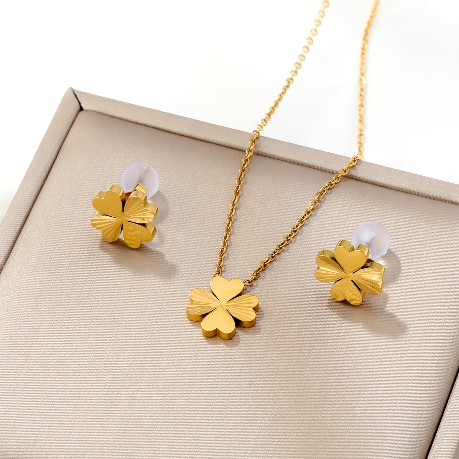 Stainless Steel Golden Four Leaf Clover Pendant Necklace and Earrings Set